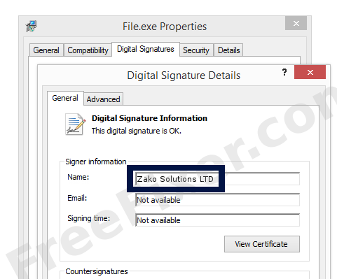 Screenshot of the Zako Solutions LTD certificate